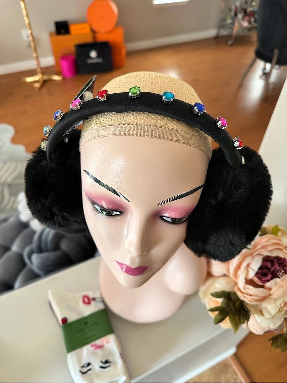 kate spade new york Rhinestone Embellished Faux Fur Earmuffs in Black NWT with 3